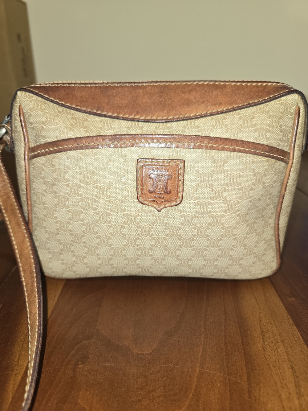Celine ✨ Vintage Tan Monogram Crossbody with Brown Leather Crest Detail, EUC